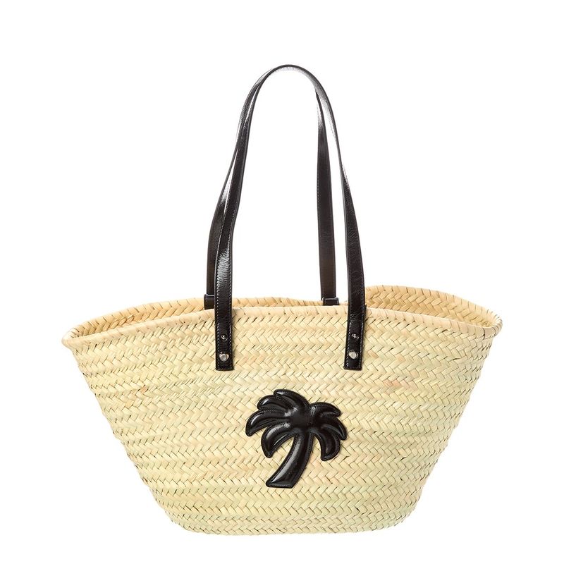 Palm Angels Palm Applique Straw & Leather Tote, Black